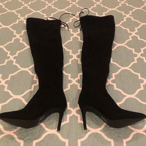 Black Over the Knee Tie Up High Heel Boot